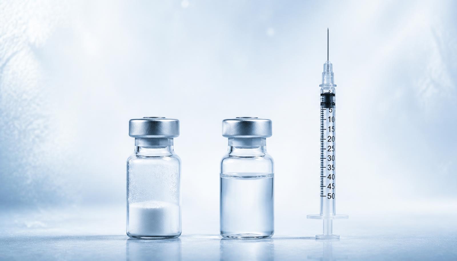 Peptidvial med frystorkat pulver, vial med bakteriostatiskt vatten och 50 IU insulinspruta